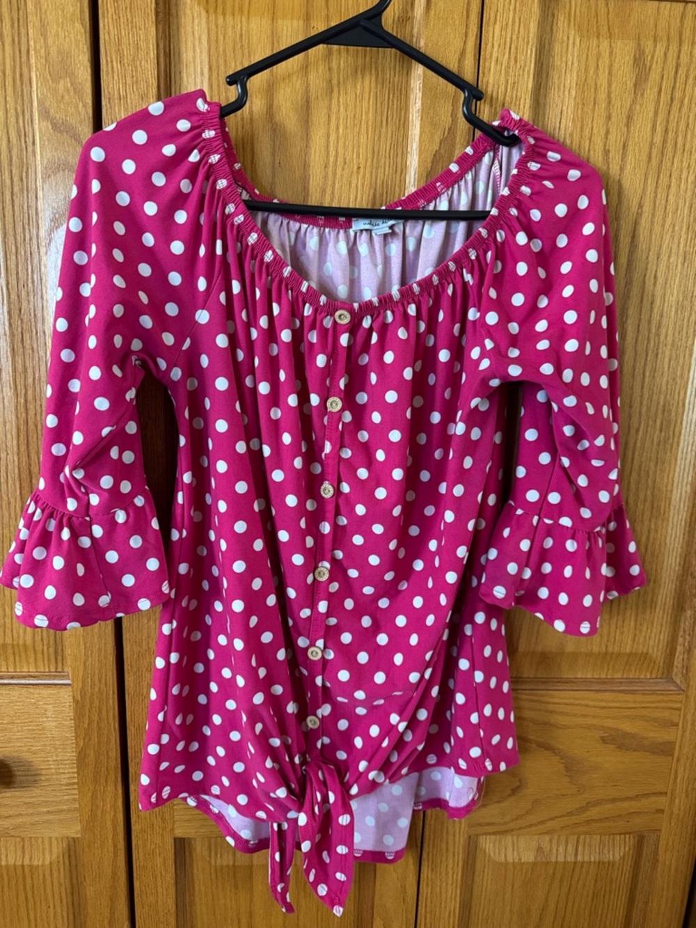 white birch Pink Polka Dot Tie-Front Top